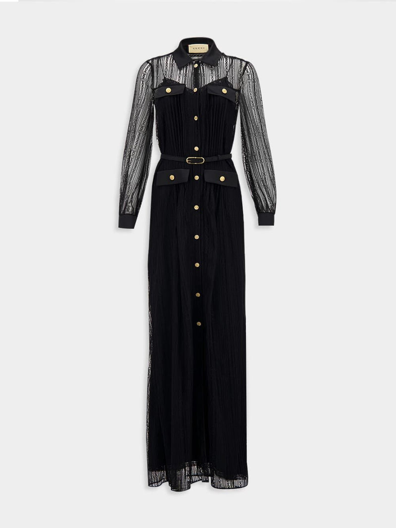 GucciLeather-Trimmed Lace Maxi Dress at Fashion Clinic