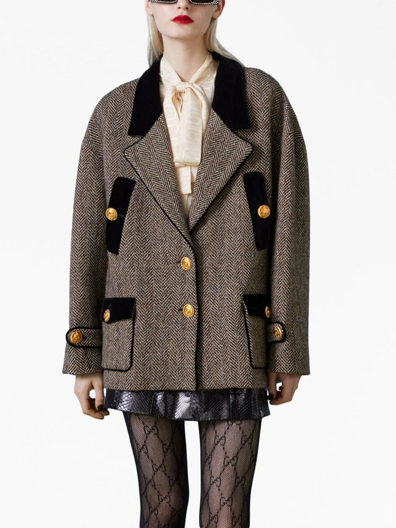 GucciVelvet-Trim Wool-Blend Herringbone Coat at Fashion Clinic