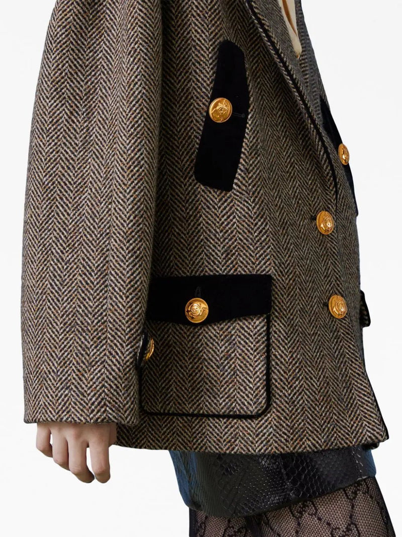 GucciVelvet-Trim Wool-Blend Herringbone Coat at Fashion Clinic