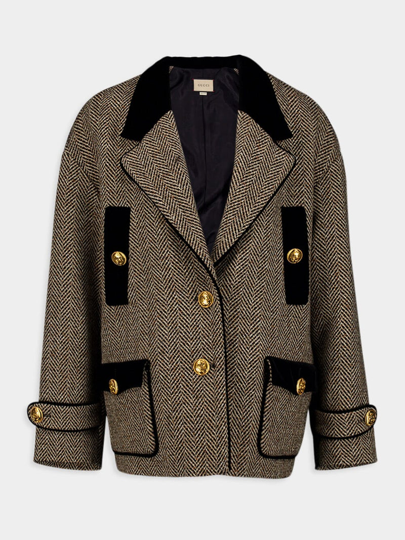 GucciVelvet-Trim Wool-Blend Herringbone Coat at Fashion Clinic