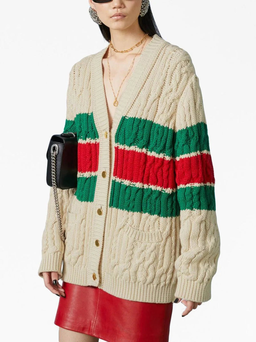 Gucci Web Stripe Cable Knit Cardigan FASHION CLINIC