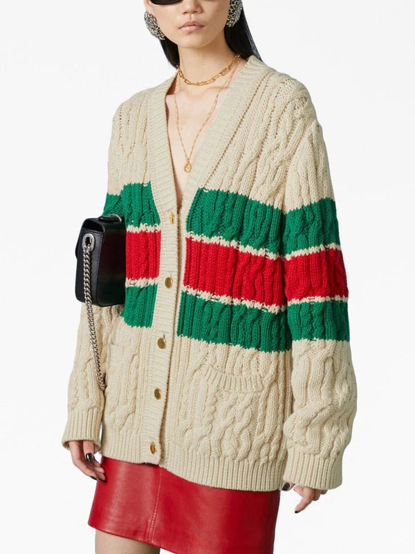GucciWeb Stripe Cable-Knit Cardigan at Fashion Clinic