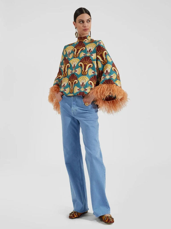 La DoubleJGraphic-Print Silk Top with Feathers at Fashion Clinic