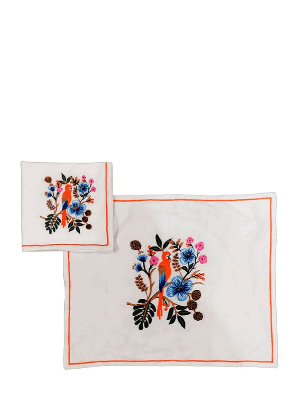 Les OttomansTropical Embroidered bird napkin and placemat set at Fashion Clinic