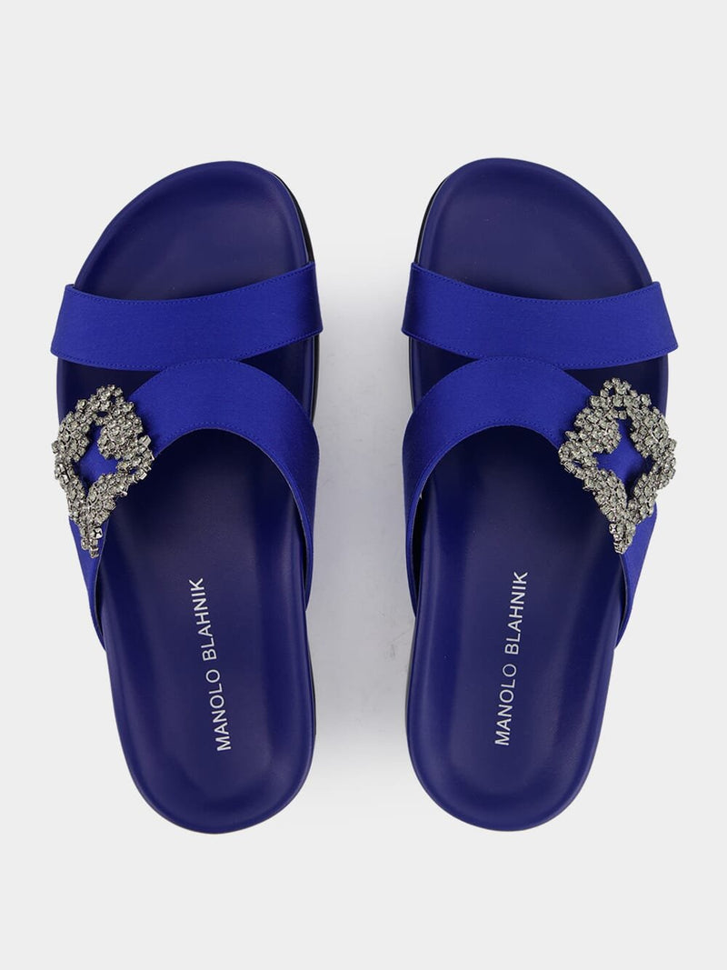 Manolo BlahnikChilanghi Blue Satin Flat Sandals at Fashion Clinic