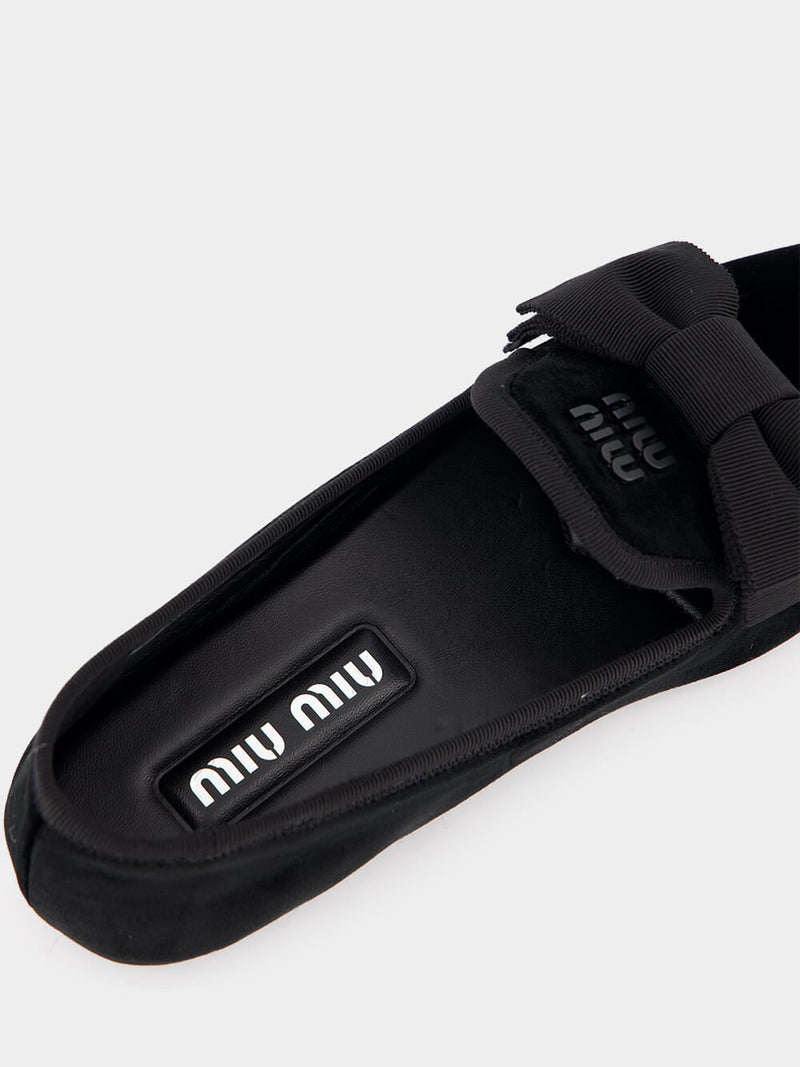 Miu MiuBow-Detail Black Velvet Slippers at Fashion Clinic