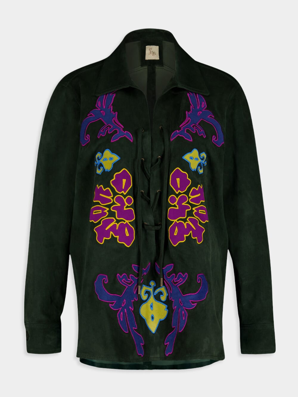 PaulaChakakan Suede Embroidered Overshirt at Fashion Clinic
