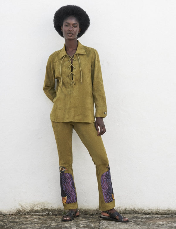 PaulaVanderbilt Leather Flared Pants with Embroidery  at Fashion Clinic