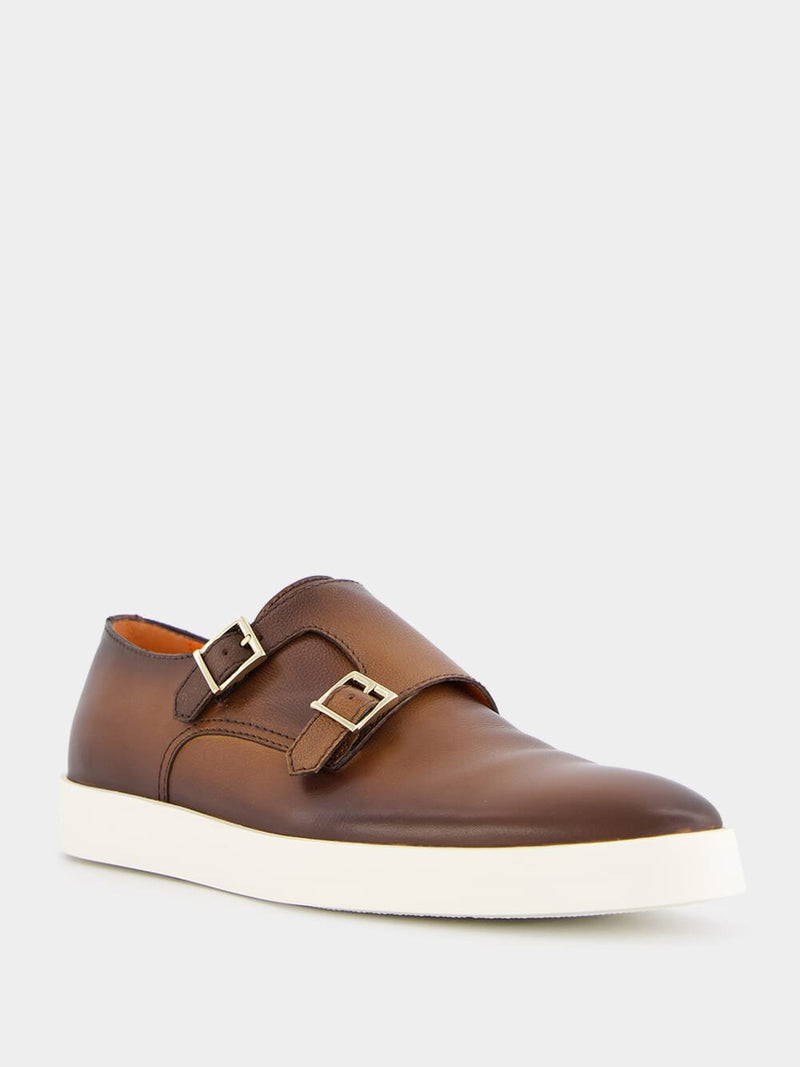 SantoniBrown Tumbled Leather Double-Buckle Shoe at Fashion Clinic