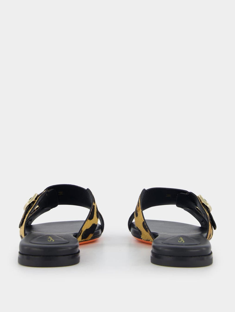 SantoniLeopard-Print Double-Buckle Leather Slides at Fashion Clinic