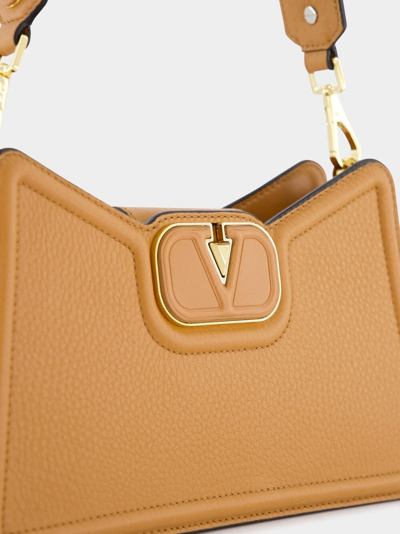 Valentino GaravaniVlogo Brown Grainy Leather Shoulder Bag at Fashion Clinic