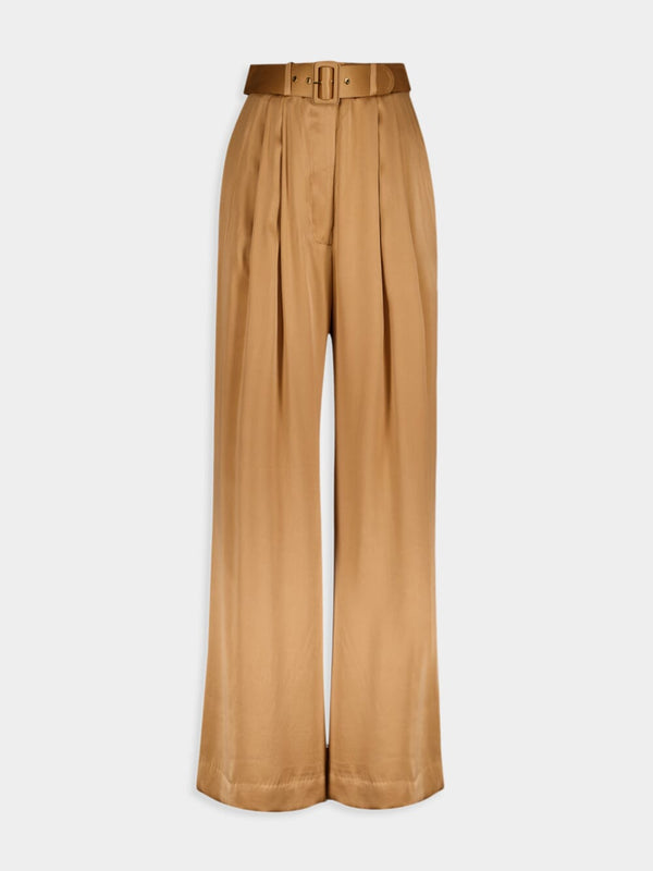 ZimmermannTuck Wide-Leg Brown Silk Trousers at Fashion Clinic